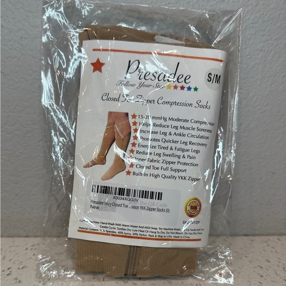 New Presadee Closed Toe Zipper 15-20 mmHg Moderate Compression Relief Socks S/M